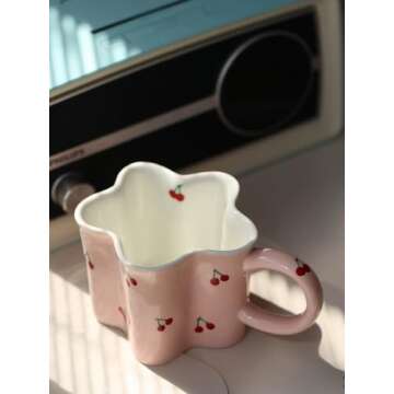 Cherry Ceramic Coffee Mug for Women: 10 Oz Flower Tea Cup with Handle, Pink Girly Aesthetic Mug, Dishwasher and Microwave Safe Perfect for Mothers Day Gifts Gift Ideal for Coffee Tea Lovers