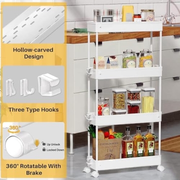 SPACEKEEPER Slim Rolling Storage Cart 4 Tier Bathroom Organizer Mobile Shelving Unit Utility Cart Tower Rack for Kitchen Laundry Narrow Places, White