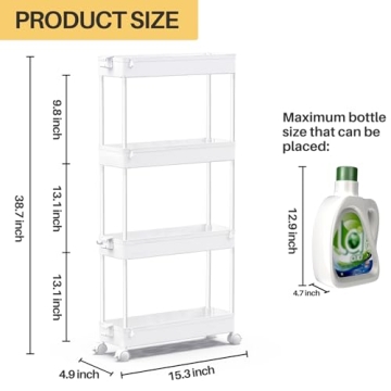 SPACEKEEPER Slim Rolling Storage Cart 4 Tier Bathroom Organizer Mobile Shelving Unit Utility Cart Tower Rack for Kitchen Laundry Narrow Places, White