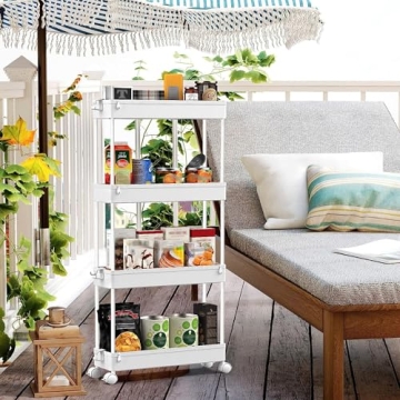 SPACEKEEPER Slim Rolling Storage Cart 4 Tier Bathroom Organizer Mobile Shelving Unit Utility Cart Tower Rack for Kitchen Laundry Narrow Places, White