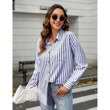 HOTOUCH Womens Button Down Shirts Striped Dress Shirt Long Sleeve Collared Office Work Pinstripes Bl...