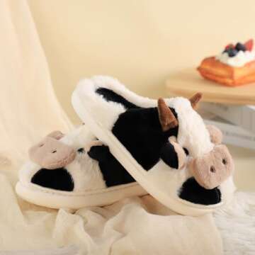 Gaolinci Cartoon Cow Cotton Slippers, Winter Indoor Outdoor Slippers for Women (US 8-9)