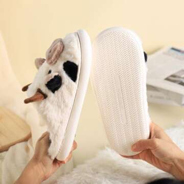 Gaolinci Cartoon Cow Cotton Slippers, Winter Indoor Outdoor Slippers for Women (US 8-9)