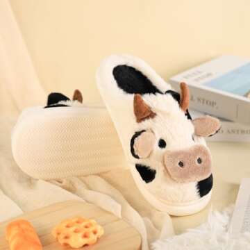 Gaolinci Cartoon Cow Cotton Slippers, Winter Indoor Outdoor Slippers for Women (US 8-9)