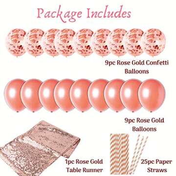 Artunique 63pc Rose Gold Party Decorations Kit | Huge Rose Gold Latex and Confetti Balloons (18) | Sequin Table Runner (1) | Fringe Curtain (2) | Ribbon (2) | Paper Straws (25) | Tassle Garland (15)