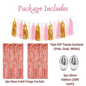 Artunique 63pc Rose Gold Party Decorations Kit | Huge Rose Gold Latex and Confetti Balloons (18) | Sequin Table Runner (1) | Fringe Curtain (2) | Ribbon (2) | Paper Straws (25) | Tassle Garland (15)