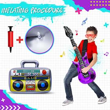 Max Fun Inflatable Rock Star Toy Set, 48pcs Inflatable Party Props for Kids 80s 90s Party Decorations Inflatable Guitars Inflate Rock Band Assortment Party Favors (Random Color)