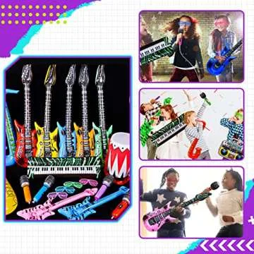Max Fun Inflatable Rock Star Toy Set, 48pcs Inflatable Party Props for Kids 80s 90s Party Decorations Inflatable Guitars Inflate Rock Band Assortment Party Favors (Random Color)