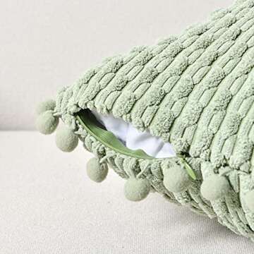 Fancy Homi Set of 2 Sage Green Decorative Throw Pillow Covers 18x18 Inch with Pom-poms for Couch Bed Sofa, Modern Farmhouse Boho Home Decor, Soft Plush Corduroy Cute Cushion Case 45x45 cm