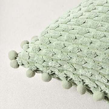 Fancy Homi Set of 2 Sage Green Decorative Throw Pillow Covers 18x18 Inch with Pom-poms for Couch Bed Sofa, Modern Farmhouse Boho Home Decor, Soft Plush Corduroy Cute Cushion Case 45x45 cm