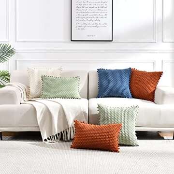 Fancy Homi Set of 2 Sage Green Decorative Throw Pillow Covers 18x18 Inch with Pom-poms for Couch Bed Sofa, Modern Farmhouse Boho Home Decor, Soft Plush Corduroy Cute Cushion Case 45x45 cm