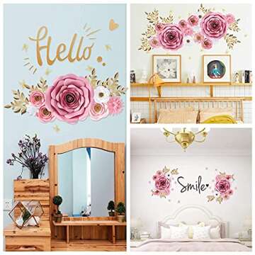 Large Paper Flowers Decorations for Wall, Artificial 3D Flower Wall Decor with Gold Butterfly Sticke...