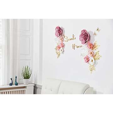Large Paper Flowers Decorations for Wall, Artificial 3D Flower Wall Decor with Gold Butterfly Sticker for Baby Girl Nursery Room, Pink Roses Spring Garden Tea Party Bulletin Board Decoration
