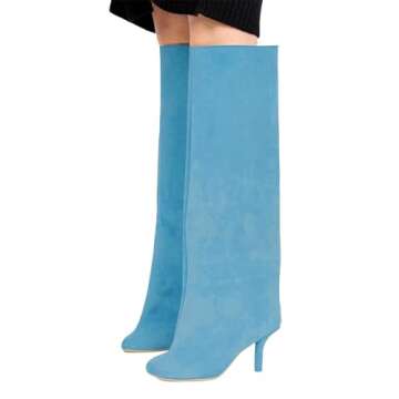 RJYLP Knee High Boots Women Wide Calf Kitten Heeled Boots Square Toe Suede Stiletto Long Booties Lad...