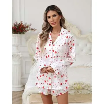 Ekouaer Women's Bridal Feather Trim Silk Satin Pajama Set Long Sleeve Lounge Sets Sleepwear (Removable Feather) Heart Print Heart Print Small
