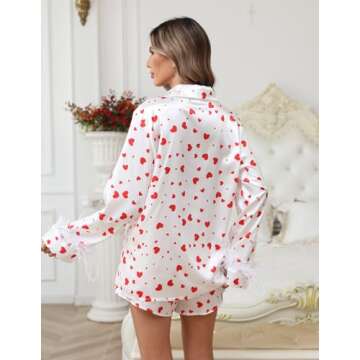 Ekouaer Women's Bridal Feather Trim Silk Satin Pajama Set Long Sleeve Lounge Sets Sleepwear (Removable Feather) Heart Print Heart Print Small