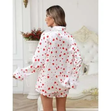 Ekouaer Women's Bridal Feather Trim Silk Satin Pajama Set Long Sleeve Lounge Sets Sleepwear (Removable Feather) Heart Print Heart Print Small