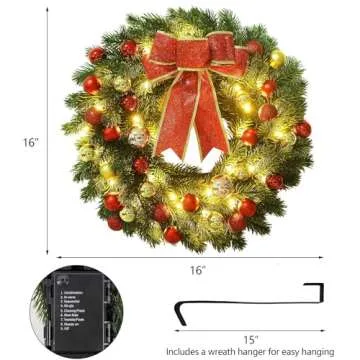Juegoal 16 Inch Pre-Lit Christmas Wreath for Holiday Decor