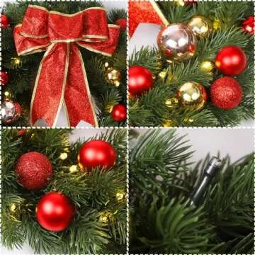 Juegoal 16 Inch Pre-Lit Christmas Wreath for Holiday Decor
