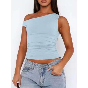 CALEBGAR Off The Shoulder Tops for Women Sleeveless Asymmetrical Going Out Shirts Slim Fit Ruched Cr...