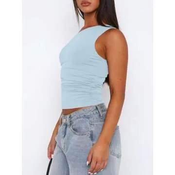 CALEBGAR Off The Shoulder Tops for Women Sleeveless Asymmetrical Going Out Shirts Slim Fit Ruched Crop Tank Tops Y2K Trendy 2024 Tight Tops Blue L