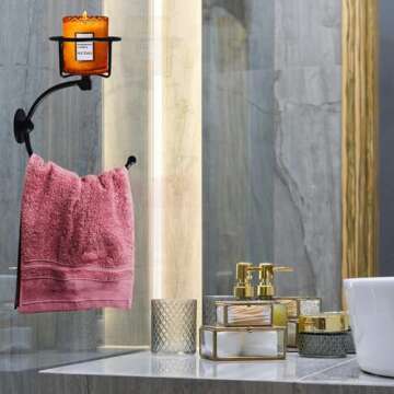 ICCTUO Hand Towel Holder with Candle Holder - Stylish Black Wall Mount Design
