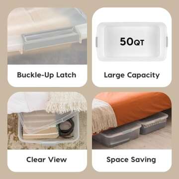 IRIS USA 50 Qt Plastic Under Bed Storage Organizer Bin Container with Secure Lids and Durable Black Buckles, Multi-Purpose for Clothes Shoes Clothing Bedding, Long, Clear