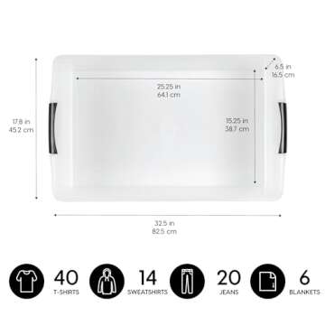 IRIS USA 50 Qt Plastic Under Bed Storage Organizer Bin Container with Secure Lids and Durable Black Buckles, Multi-Purpose for Clothes Shoes Clothing Bedding, Long, Clear