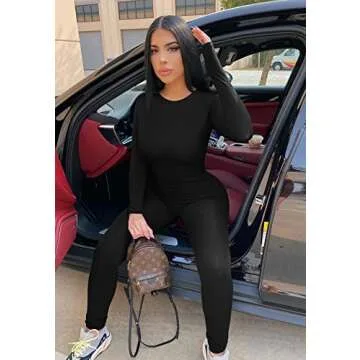 GOBLES Women's Sexy One piece Outfits Long Sleeve Back Zipper Bodycon Jumpsuit Rompers Black