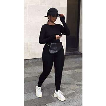 GOBLES Women's Sexy One piece Outfits Long Sleeve Back Zipper Bodycon Jumpsuit Rompers Black