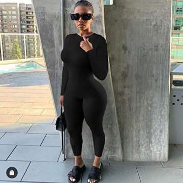GOBLES Women's Sexy One piece Outfits Long Sleeve Back Zipper Bodycon Jumpsuit Rompers Black