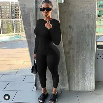 GOBLES Women's Sexy One piece Outfits Long Sleeve Back Zipper Bodycon Jumpsuit Rompers Black