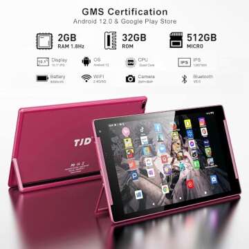 TJD 1011QU 10.1 Inch Android Tablet 2GB RAM 32GB ROM 128GB Expandable with Quad Core, GPS, BT 5.0, OTG, 2MP+8MP Camera for Kids Adult (Rose)