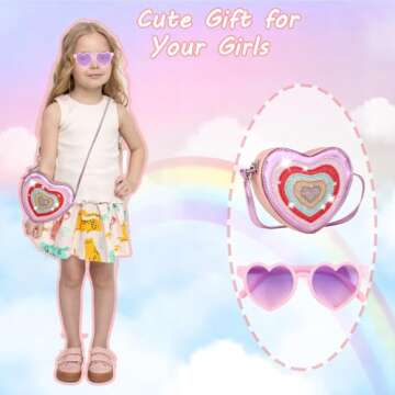 PRLINJSK Toddler Purse Gift, Little Girls Purse for Kids, Cute Crossbody Bag with Heart Sunglasses