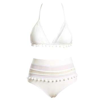 Dokotoo Womens Ladies Sporty Athletic High Waist Two Pieces Halter Fashion Bikini Set Padded Solid Tassel Swimsuit Swimwear Bathing Suit with Bottom Large A White