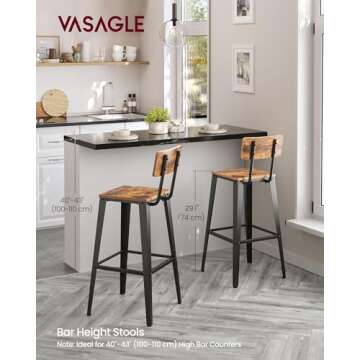 VASAGLE Set of 2 Bar Stools, Bar Height Stools, Tall Bar Stools with Back, Bar Chairs, Steel Frame, Industrial Style, Easy Assembly, Rustic Brown and Ink Black ULBC078B01