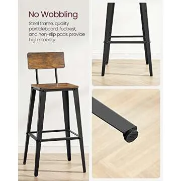 VASAGLE Set of 2 Bar Stools, Bar Height Stools, Tall Bar Stools with Back, Bar Chairs, Steel Frame, Industrial Style, Easy Assembly, Rustic Brown and Ink Black ULBC078B01