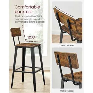 VASAGLE Set of 2 Bar Stools, Bar Height Stools, Tall Bar Stools with Back, Bar Chairs, Steel Frame, Industrial Style, Easy Assembly, Rustic Brown and Ink Black ULBC078B01