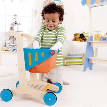 Hape Wooden Shopping Cart Pretend Play Toy| Sturdy Wooden Grocery Cart Toy for Kids