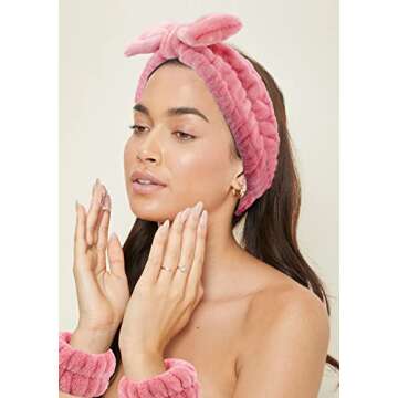 6 Pieces Spa Headband Wrist Washband Scrunchies Cuffs for Washing Face, Towel Wristbands Hair Headband Face Wash Wristband for Women Girls Makeup Prevent Liquids from Spilling Down Your Arms (Pink)