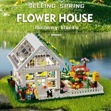 Flower House Building Mini Set with LED, City Street View Greenhouse Building Blocks Toy, Valentine Xmas Gift for Friends or Girls 8-12 Year