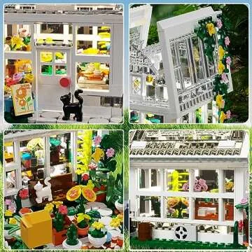 Flower House Building Mini Set with LED, City Street View Greenhouse Building Blocks Toy, Valentine Xmas Gift for Friends or Girls 8-12 Year