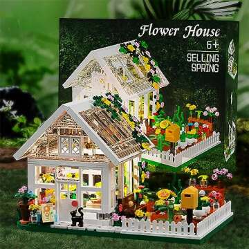 Flower House Building Mini Set with LED, City Street View Greenhouse Building Blocks Toy, Valentine Xmas Gift for Friends or Girls 8-12 Year