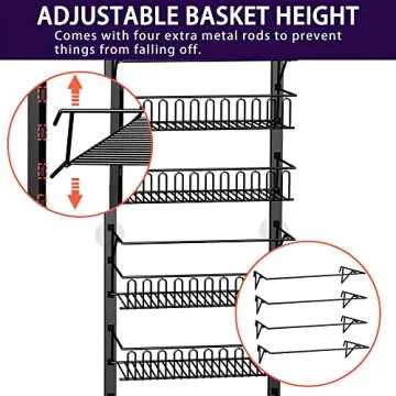 Over the Door Pantry Organizer, 10-Tier Adjustable Pantry Door Organizer, Kitchen Pantry Organization and Storage Hanging Metal Over Closet Door Spice Rack Can Organizer, Black Pantry Storage Shelves