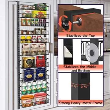 Over the Door Pantry Organizer, 10-Tier Adjustable Pantry Door Organizer, Kitchen Pantry Organization and Storage Hanging Metal Over Closet Door Spice Rack Can Organizer, Black Pantry Storage Shelves