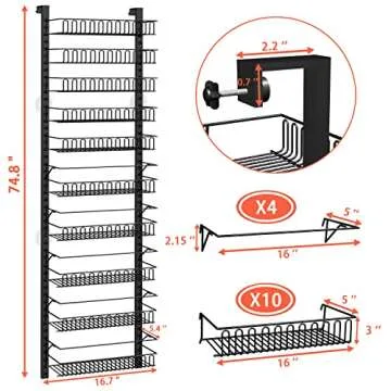 Over the Door Pantry Organizer, 10-Tier Adjustable Pantry Door Organizer, Kitchen Pantry Organization and Storage Hanging Metal Over Closet Door Spice Rack Can Organizer, Black Pantry Storage Shelves