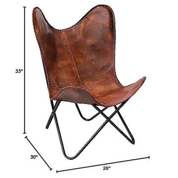 cuero Classy Handmade Dark Brown Leather Butterfly Chair Living Room- Side Hand Stich Leather Chair-Handmade with Powder Coated Folding Black Iron Frame (Cover with Folding Frame)