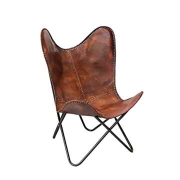 cuero Classy Handmade Dark Brown Leather Butterfly Chair Living Room- Side Hand Stich Leather Chair-Handmade with Powder Coated Folding Black Iron Frame (Cover with Folding Frame)