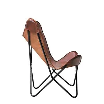 cuero Classy Handmade Dark Brown Leather Butterfly Chair Living Room- Side Hand Stich Leather Chair-Handmade with Powder Coated Folding Black Iron Frame (Cover with Folding Frame)
