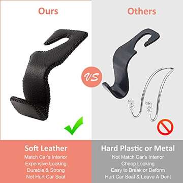 TISOHUGO Car Seat Hooks, Cars Backseat Headrest Hangers Genuine Leather Stylish Vehicle Organizer Holders for Purse Clothes Hat Grocery, 2 Pack, Gray